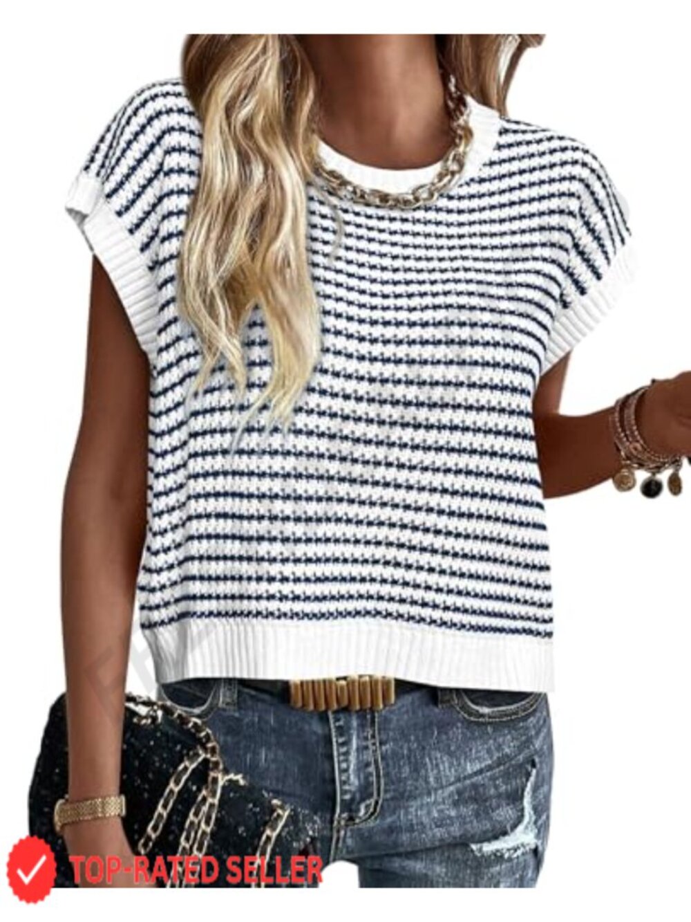 Striped Short Sleeve Sweater Vest Cap Sleeve Cotton Knit Layering Top